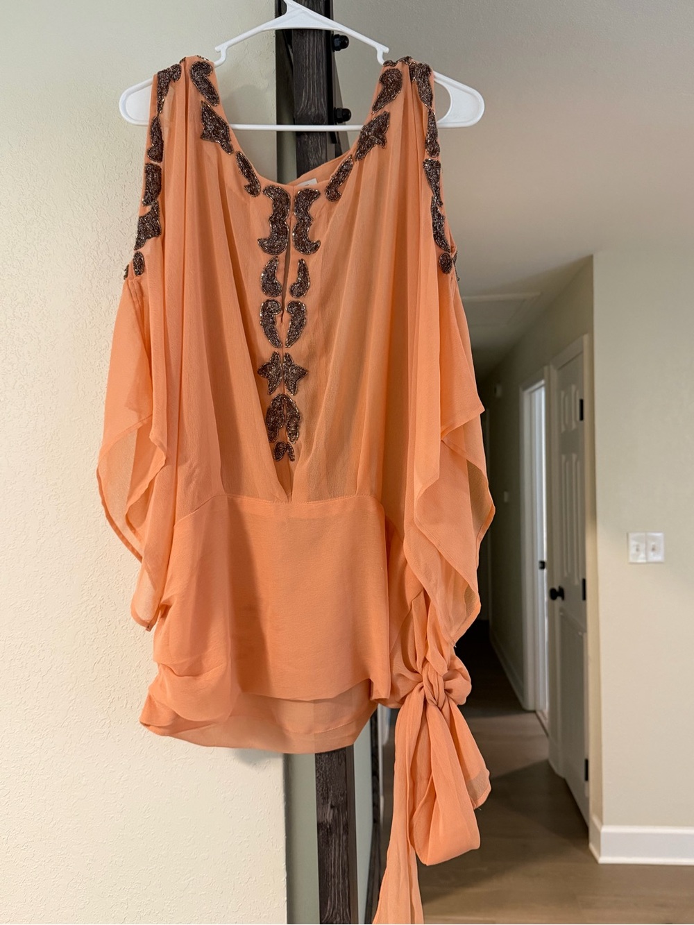 Boston Proper Peach Chiffon Beaded Sleeveless Tie-Side Top boho embellished